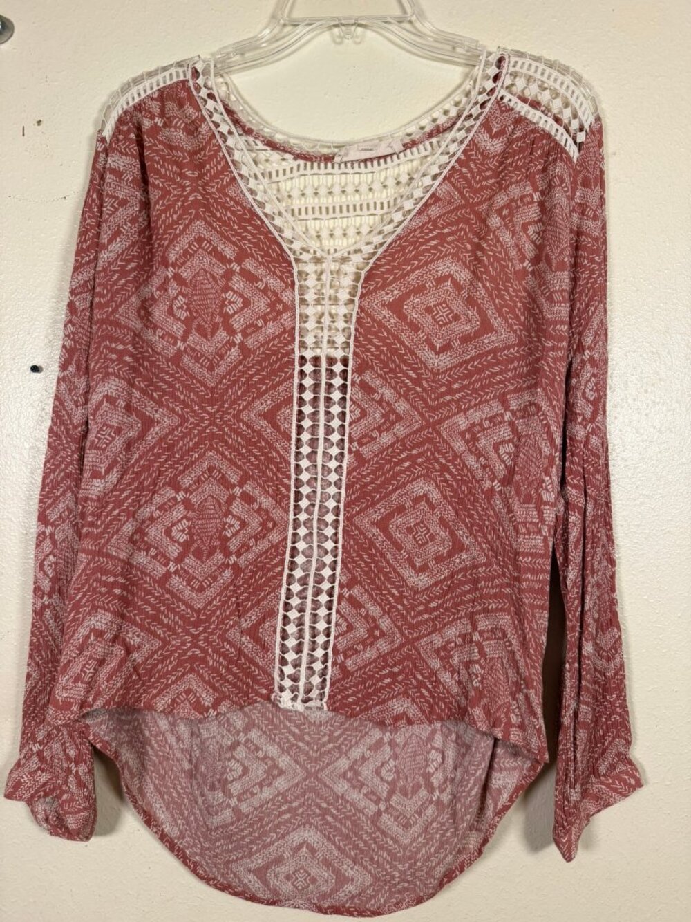 Lovestitch Large Pink Boho Crochet Lace Long Sleeve Peasant Blouse